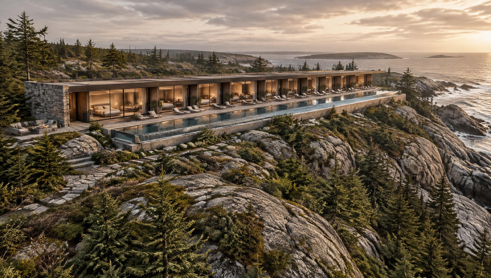 Conceptual aerial rendering of the retreat on the coastal hill